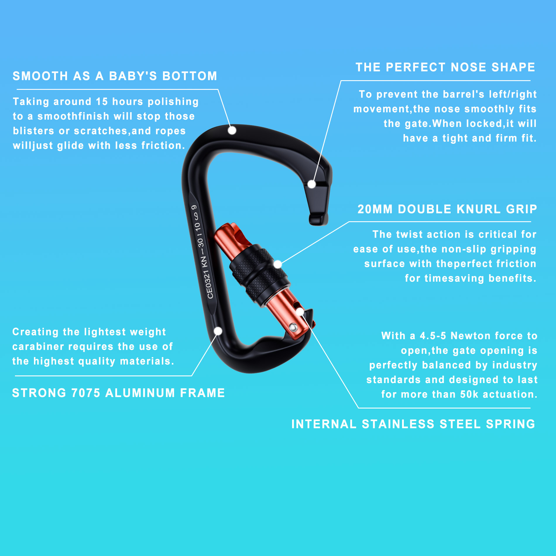 5PCS Rock climbing carabiner 30KN heavy duty carabiner Rappel Main Lock Large Size Auto Locking carabiner